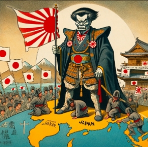 Charge mostrando o imperialismo japonês na Ásia