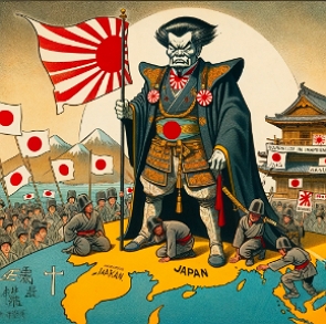 Charge mostrando o imperialismo japon&ecirc;s na &Aacute;sia