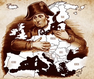Charge hist&oacute;rica mostrando Napole&atilde;o abra&ccedil;ando o mapa da Europa