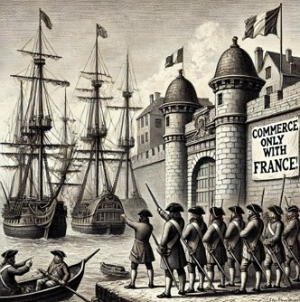 Desenho mostrando navios comerciais estrangeiros chegando a um porto francês no século XVIII mas são impeditos de atracarem.