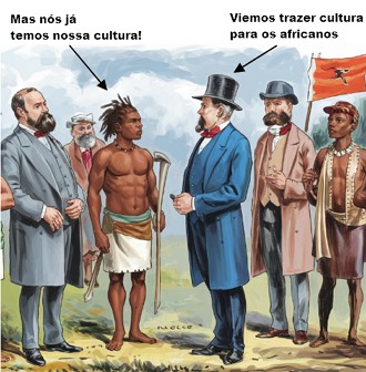 Charge mostrando europeus conversando com africanos sobre cultura.