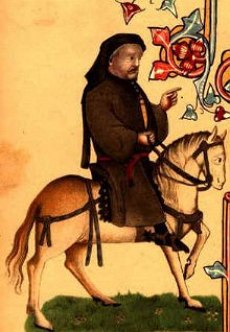 Pintura mostrando Geoffrey Chaucer sobre um cavalo