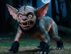 Imagem ilustrativa do chupa-cabra. Criatura pequena, de pele escamosa, olhos grandes e dentes afiados e grandes. Tem orelhas grandes e pontudas. Seu corpo parece de um cachoro, mas com pernas maiores. O pelo &eacute; preto, em pouca quantidade, comprido e espetado. Ele tem apar&ecirc;ncia assustadora. Ele est&aacute; numa floresta a noite, na luz da lua.