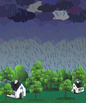 Ilustração de uma chuva sobre duas casas e árvores