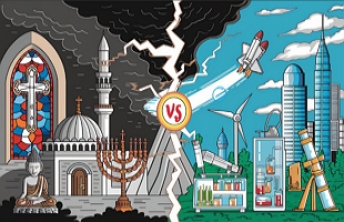 Ilustra&ccedil;&atilde;o mostrando de um lado figuras relacionadas &agrave; religi&atilde;o e do outro lado imagens relacionadas a ci&ecirc;ncia