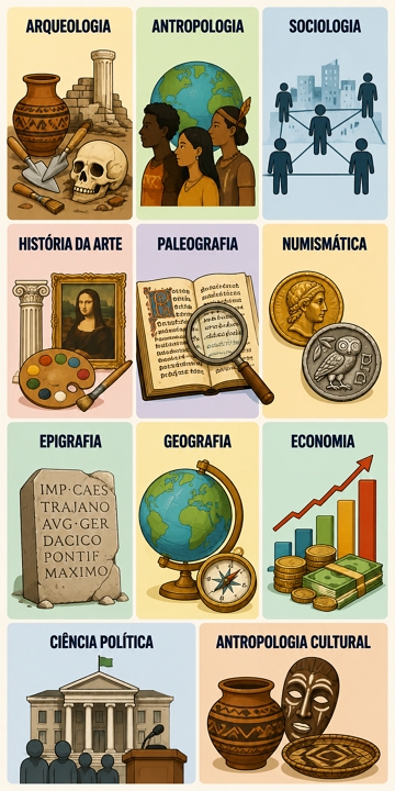 Imagem com as principais ci&ecirc;ncias e disciplinas auxiliares da Hist&oacute;ria