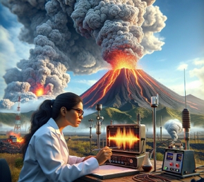 Ilustra&ccedil;&atilde;o de uma cientista analisando dados de uma erup&ccedil;&atilde;o vulc&acirc;nica