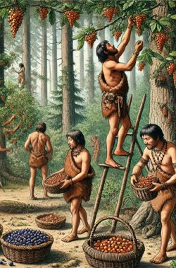 Ilustra&ccedil;&atilde;o mostrando homens do paleol&iacute;tico coletando frutos numa floresta