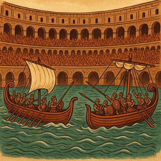 Ilustra&ccedil;&atilde;o mostrando uma batalha naval dentro do Coliseu