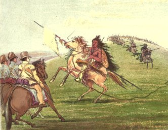 Pintura mostrando um guerreiro comanche em seu cavalo encontrando militares dos EUA em 1834