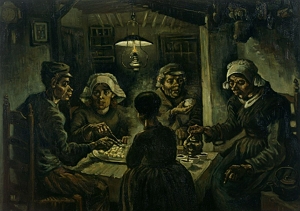 Pintura de tons escuros, mostrando uma fam&iacute;lia pobre comendo batatas.