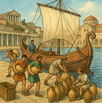 Ilustra&ccedil;&atilde;o mostrando um barco romano sendo carregado com produtos num porto de Roma Antiga