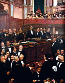 Pintura mostrando o juramento da Constitui&ccedil;&atilde;o de 1891 durante o governo Deodoro