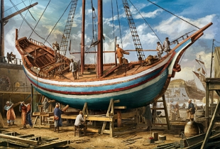 Ilustração mostrando a construção de uma caravela