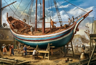 Ilustra&ccedil;&atilde;o mostrando a constru&ccedil;&atilde;o de uma caravela