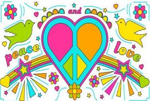 Desenho de coração, pombas e símbolo hippie coloridos