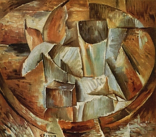 Pintura cubista entitulada Copo sobre a Mesa