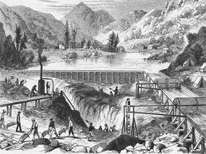 Mineiros escando próximo a um rio durante a Corrida do Ouro nos EUA