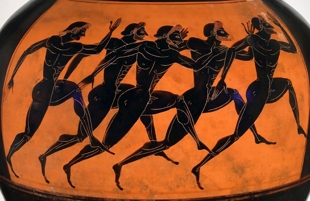 Pintura de vaso grego mostrando um corrida esportiva na Grécia Antiga