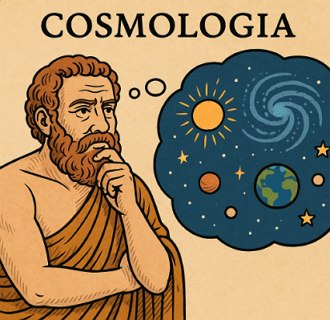 Ilustra&ccedil;&atilde;o mostando um fil&oacute;sofo grego antigo pensando sobre quest&otilde;es da cosmologia