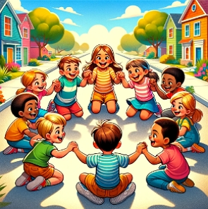 Ilustra&ccedil;&atilde;o de crian&ccedil;as brincando na rua