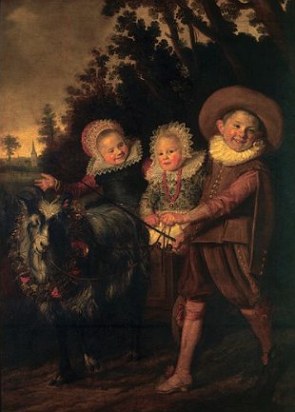 Pintura mostrando Três crianças puxando uma carruagem