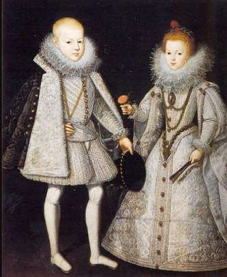 Pintura mostrando um menino e uma menina vestidos com roupas iguais aos adultos da Nobreza durante o Renascimento
