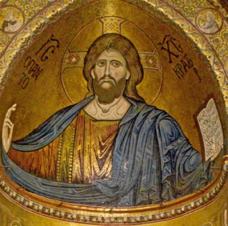 Imagem de Jesus Cristo segurando um folha com texto escrito. Ele est&aacute; com cara de s&eacute;rio.