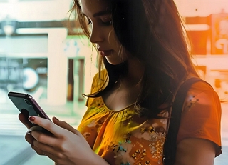 Foto de uma jovem olhando seu smartphone