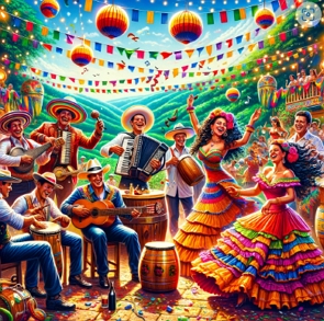Ilustra&ccedil;&atilde;o mostrando a Cumbia, com pessoas alegres dan&ccedil;ando e cantando