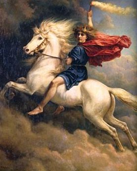 Pintura do deus n&oacute;rdico Dag montado num cavalo branco