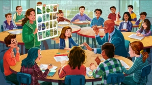 Sala de aula com alunos apresentando um trabalho e debatendo um tema.