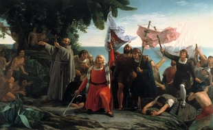 Pintura representando a chegada dos espanh&oacute;is ao continente americano