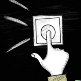Desenho em preto e branco mostrando uma m&atilde;o desligando o interruptor de uma luz