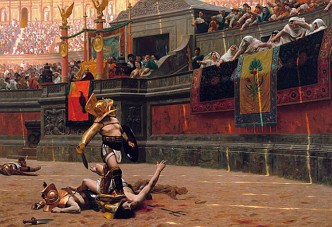 Destino de um gladiador derrotado decidido pelo p&uacute;blico.