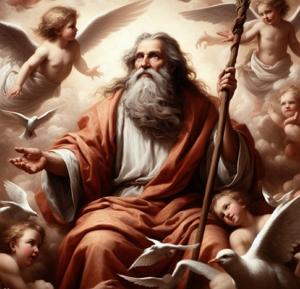 Ilustra&ccedil;&atilde;o mostrando Deus cercado por anjos
