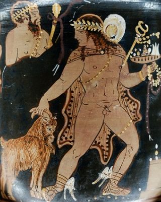 Pintura grega mostrando o deus Hermes levando um bode para sacrif&iacute;cio.