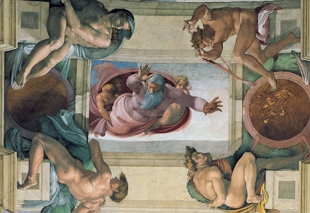 Pintura da Capela Sistina mostrando Deus separando a terra da &aacute;gua nos primeiros dias da cria&ccedil;&atilde;o do mundo.