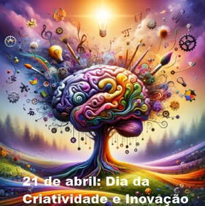 Ilustração colorida com um cérebro no centro e várias imagens representando inovação e criatividade