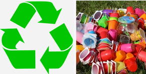 Símbolo da reciclagem e potes de plástico