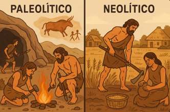 Ilustra&ccedil;&atilde;o mostrando algumas diferen&ccedil;as entre os per&iacute;odos Paleol&iacute;tico e Neol&iacute;tico
