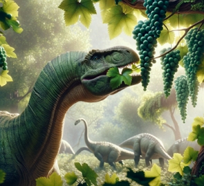 Ilustra&ccedil;&atilde;o de um dinossauro comendo folhas de uma parreira