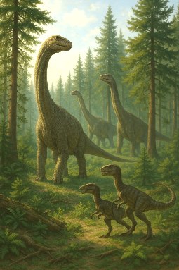 Ilustra&ccedil;&atilde;o mostrando dinossauros numa floresta de Con&iacute;feras durante o Per&iacute;odo Jur&aacute;ssico