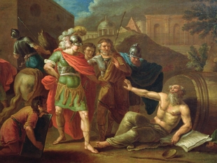 Pintura mostrando o fil&oacute;sofo Di&oacute;genes e Alexandre o grande