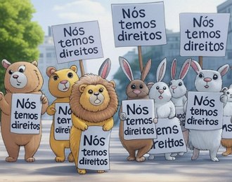 Charge mostrando animais segurando placas, numa manifesta&ccedil;&atilde;o, onde est&aacute; escrito 