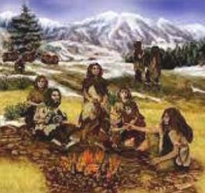 Ilustração mostrando homens do Mesolítico fazendo uma fogueira
