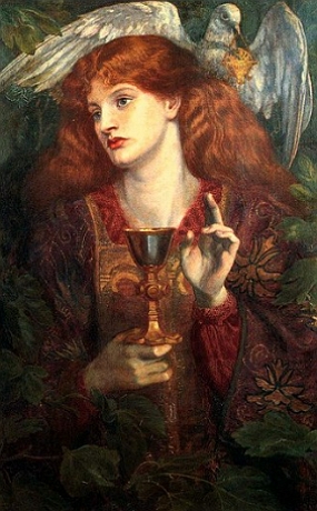 Pintura retratando uma mulher jovem segurando o c&aacute;lice sagrado