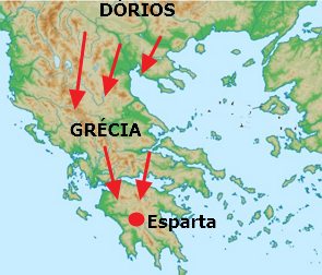 Mapa mostrando a migração dos Dórios na colonização grega
