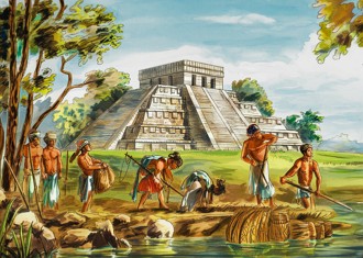 Ilustra&ccedil;&atilde;o mostrando os maias praticando a pesca e agricultura