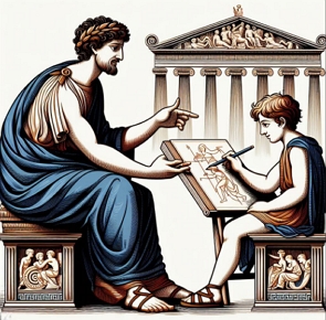 Ilustra&ccedil;&atilde;o mostrando um menino em Atenas aprendendo a desenhar